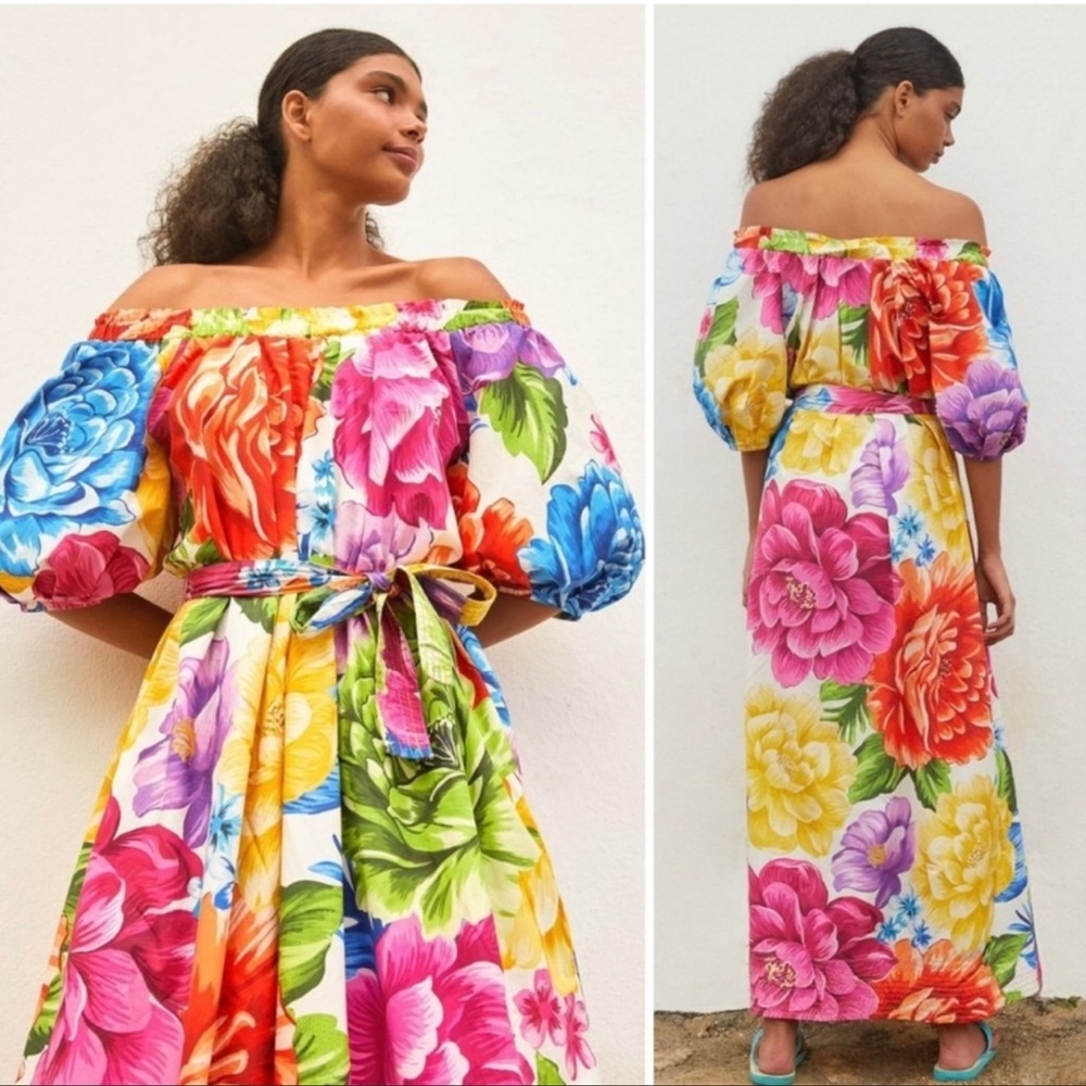 Anthropologie Farm Rio Rainbow Chita Off Shoulder Maxi Dress Small puff sleeve
